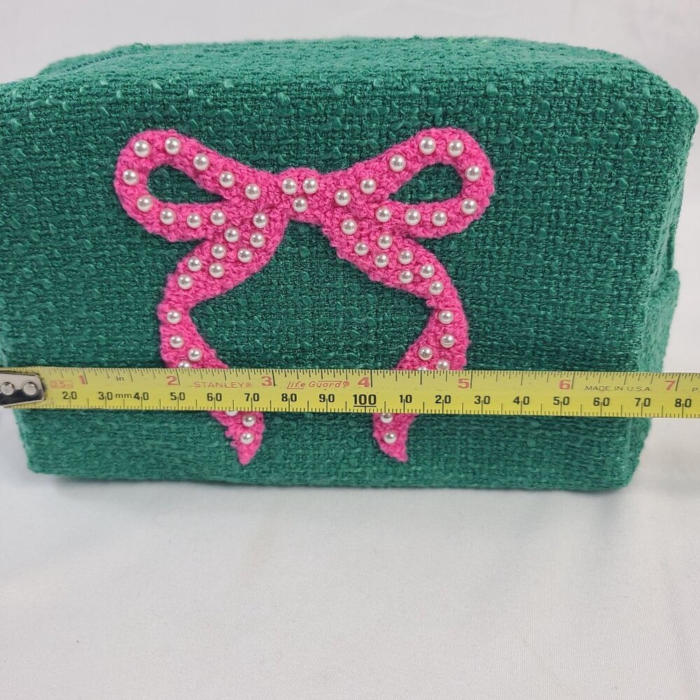 NWTShiraleah Mara Bow Small Green Zip Pouch With Pink Beaded Bow Design - Picture 4 of 7